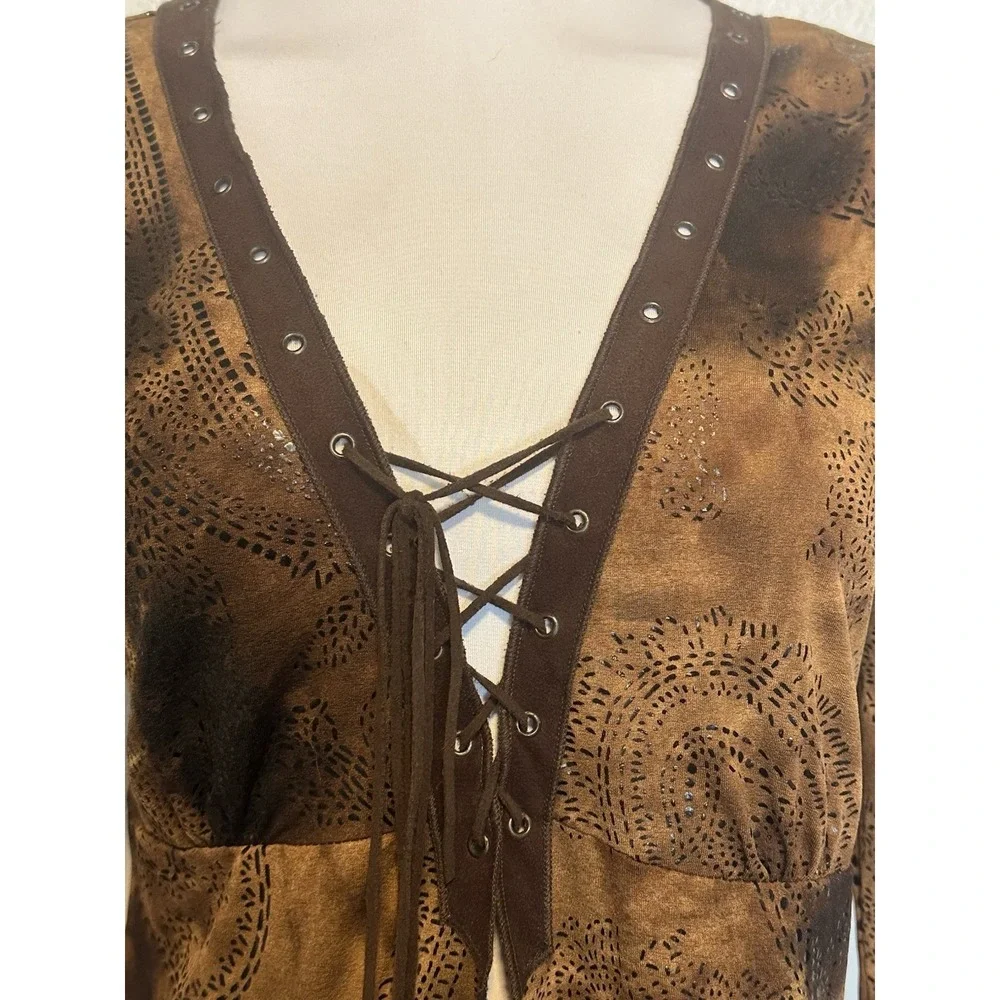 VTG Y2k Windsor Long Bell Sleeve Lace-up Top Angel Fairy Whimsy Goth sz.L V Neck - Picture 3 of 12